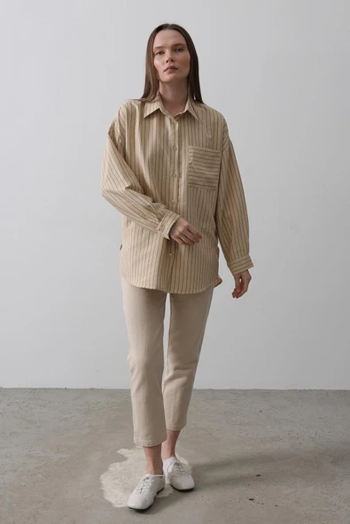 Çizgili Tek Cep Gömlek - Taş - Resim 2