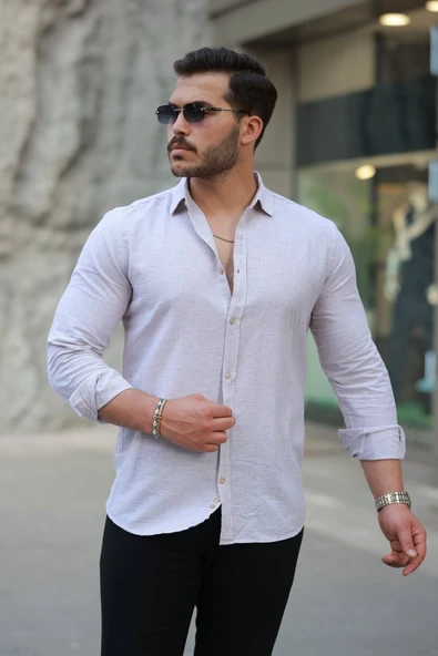 Erkek çizgi Desenli Uzun Kollu Pamuklu Keten Gömlek ürün görseli