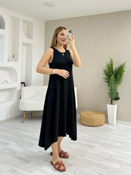 Kadın Askılı Yuvarlak Yakalı Asimetrik Kesim Detaylı Viskon Elbise - Resim 2