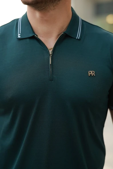 Erkek Yaka Ve Kolları çizgi Detaylı Fermuar Yakalı Kısa Kollu Tişört - Resim 3