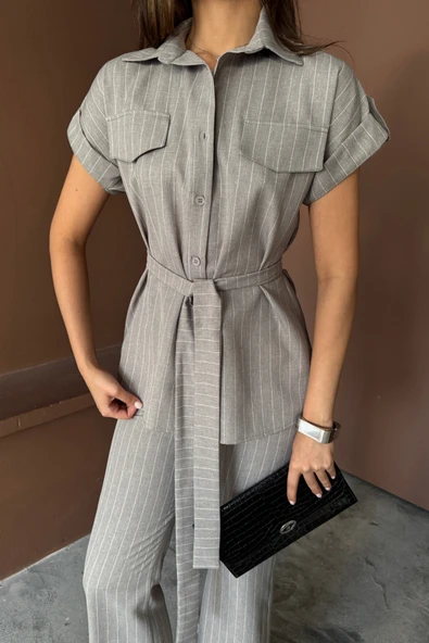 ÇİZGİLİ POLYVİSKON BLUZ - PANTOLON TAKIM - Gri - Resim 2