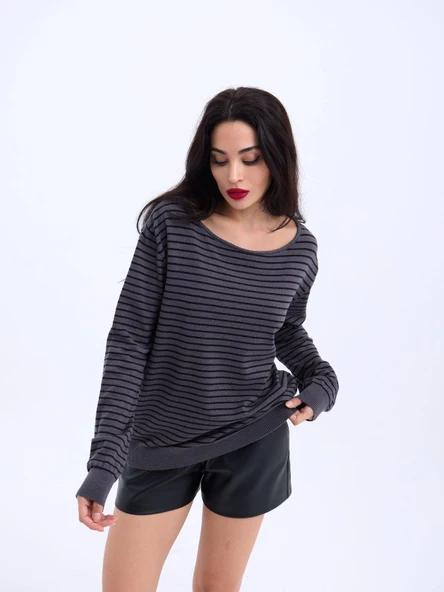 4215 TRİKO ÇİZGİLİ SALAŞ KAZAK-ANTRASİT-SİYAH - 4