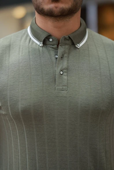 Erkek Düğme Yakalı Jakar Kumaş Kısa Kollu Tişört - Resim 3