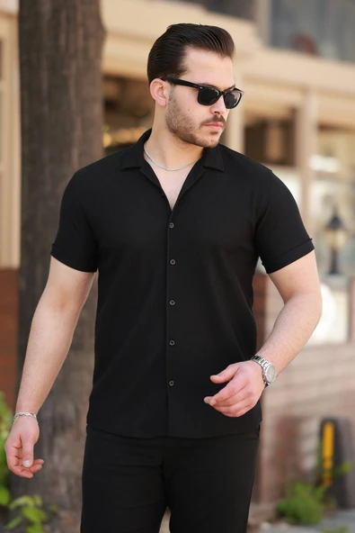 Erkek Ottoman Kumaş Apaj Yaka Kısa Kollu Gömlek ürün görseli 1