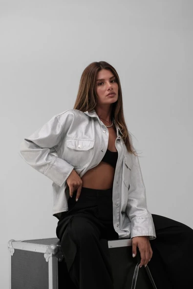 Metalik Denim Ceket - Resim 2