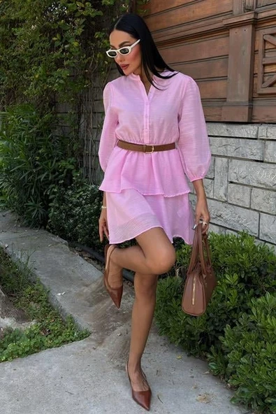 Deri Kemerli Fırfırlı Elbise 2901 - Resim 7