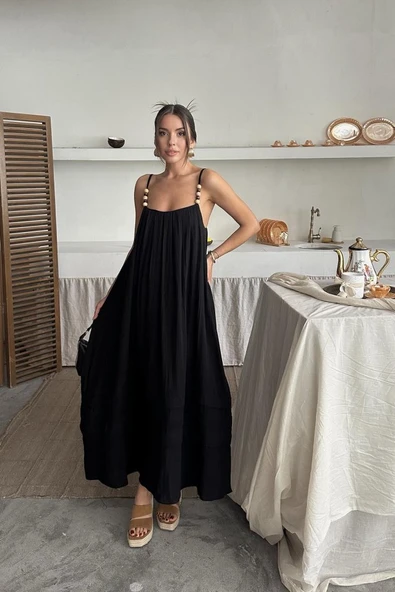 Siyah Askılı Müslin Elbise - 2