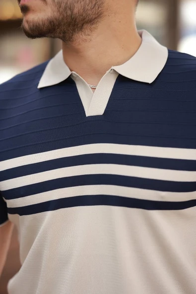 Erkek çizgi Desenli Yakalı Kısa Kollu T-shirt - Resim 3