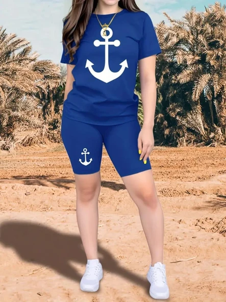 Kadın Kısa Kollu çapa Baskılı Viskon Ikili Takım - Resim 3