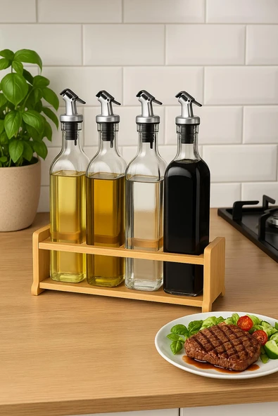 Cam Zeytinyağı ve Sirke Şişesi Seti Doğa Ahşap Tutucu 250ml Sızdırmaz Kapaklı Sos Yağdanlık Set Standlı 4'lü Set - 2