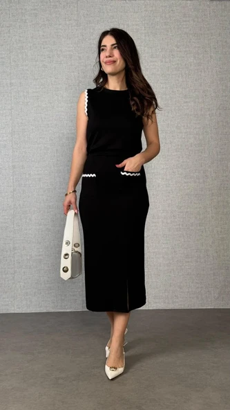 Kadın Modal Kumaş Cepli Yırtmaç Detay Etekli Ikili Takım - Resim 3