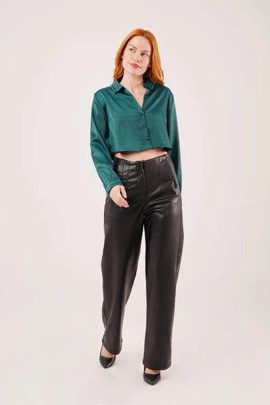 Saten Crop Model Yeşil Gömlek - Resim 4