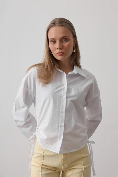 Yanları Bağlamalı Basic Gömlek - Beyaz - Resim 4