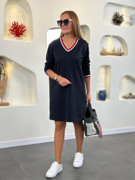 Kadın Uzun Kollu V Yaka Kol Ağzı Ve Yaka Ribana Detaylı Iki Iplik Mini Boy Elbise - Resim 3