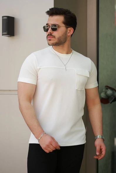 Erkek Cepli Kolyeli Kısa Kollu örme Kumaş T-shirt - Resim 2