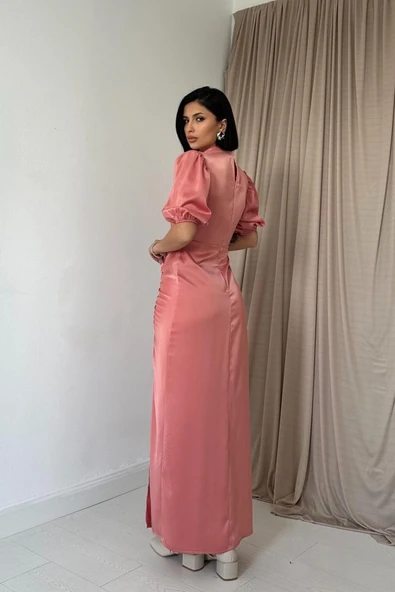 Pudra Büzgülü Saten Elbise - Resim 4