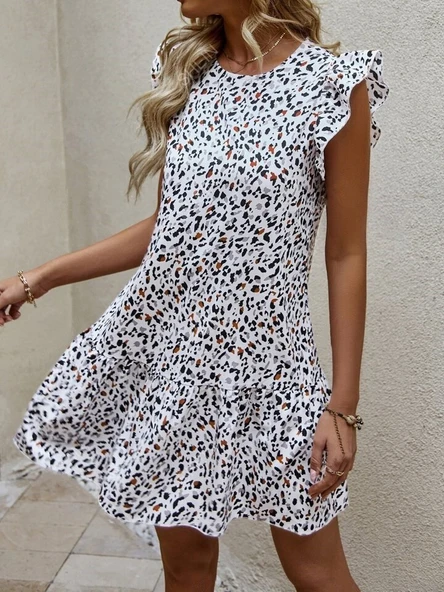 Kadın Kısa Kollu Bisiklet Yaka Etek Ucu Volanlı Kısa Dokuma Elbise ürün görseli 1