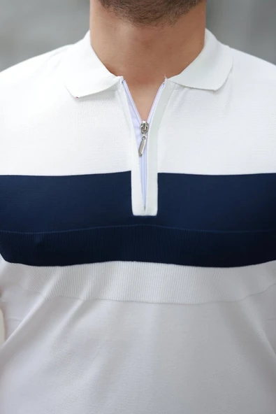 Erkek Fermuar Yakalı şerit Renk Desenli Kısa Kollu Tişört - Resim 3