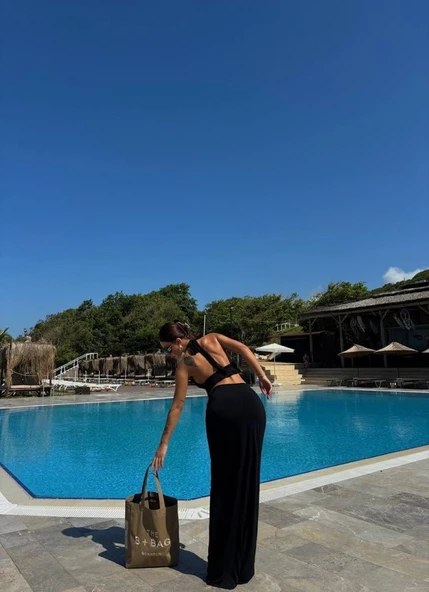 Kadın Mayo Kumaş Bağlamalı Crop Ve Maxi Boy Etek Ikili Takım - Resim 4