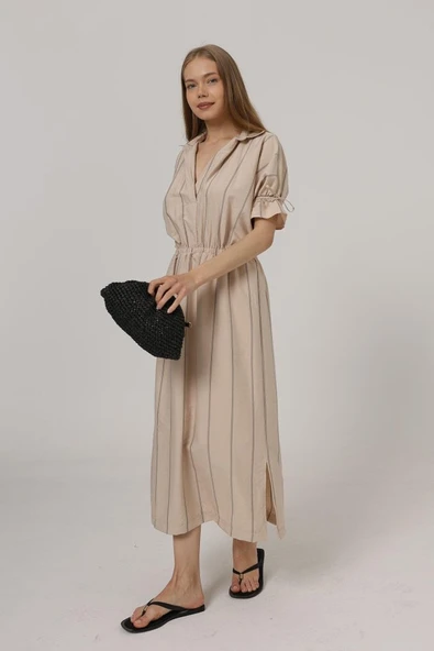 Beli Lastikli Elbise - Taş - Resim 2