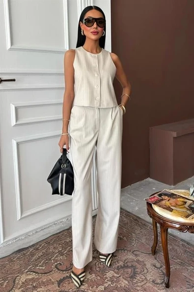 Yelek Plazzo Pantolon Çizgili Flamlı Poliviscon Takım 10178 ürün görseli 1