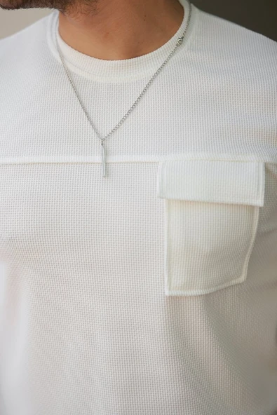 Erkek Cepli Kolyeli Kısa Kollu örme Kumaş T-shirt - Resim 3