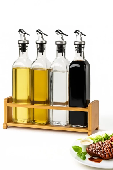 Cam Zeytinyağı ve Sirke Şişesi Seti Doğa Ahşap Tutucu 250ml Sızdırmaz Kapaklı Sos Yağdanlık Set Standlı 4'lü Set