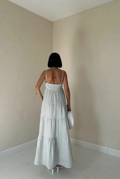 Mavi Askılı Parçalı Çizgili Müslin Elbise - Resim 4