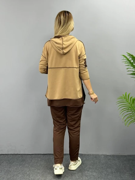 Kadın Kahve Kapşonlu Etek Ucu Detay Arma Ters Dikiş Gorunumlu Ikili Takım - Resim 9