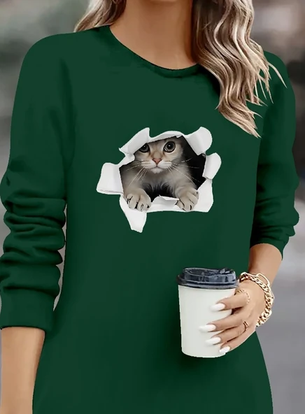 Kadın Uzun Kollu Bisiklet Yaka Kısa Viskon Iki Iplik Elbise - Resim 2