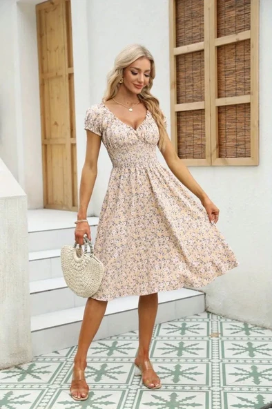 Kadın Kısa Kollu Kruvaze Yaka Lastikli Belden Gipeli çiçek Desenli Suprem Elbise - Resim 11