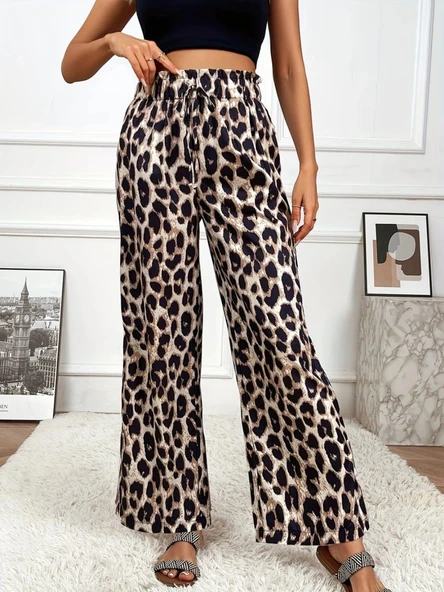 Kadın Yüksek Bel Beli Lastikli Bağcıklı Leopar Desenli Süprem Pantolon ürün görseli 1