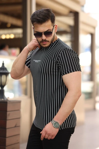 Erkek Dikey çizgili Ottoman Kumaş Kısa Kollu T-shirt - Resim 2