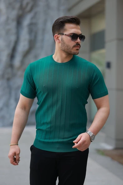 Erkek Kısa Kollu Bisiklet Yaka çizgili Triko Tişört ürün görseli 1