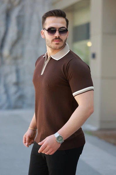 Erkek Renkli Yaka Kısa Kollu Tişört - Resim 2