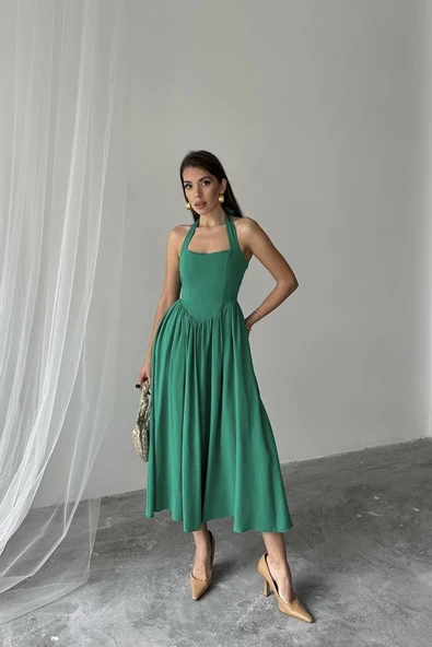 Yeşil Boyundan Bağlamalı Keten Elbise - Resim 2