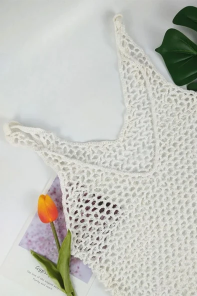 Kadın File Desen Tam Boy Askılı Triko Pareo - Resim 4