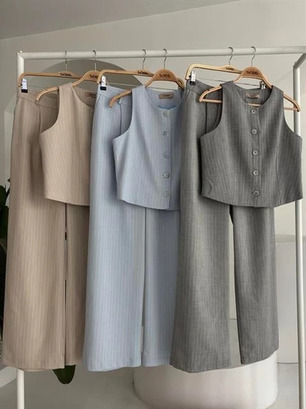 Yelek Plazzo Pantolon Çizgili Flamlı Poliviscon Takım 10178 - 9