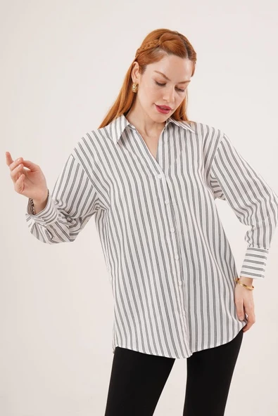 Çift Çizgi Geçişli Düğmeli Gri Gömlek - Resim 2