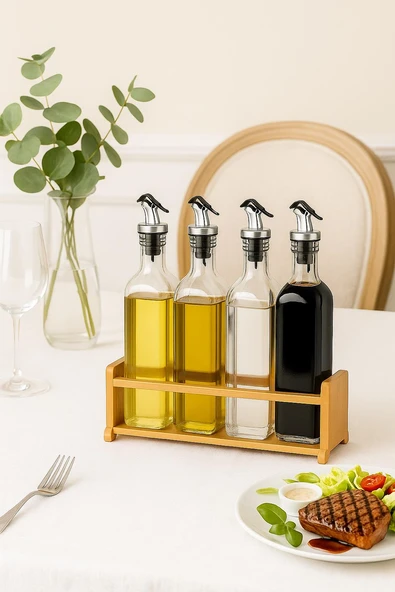 Cam Zeytinyağı ve Sirke Şişesi Seti Doğa Ahşap Tutucu 250ml Sızdırmaz Kapaklı Sos Yağdanlık Set Standlı 4'lü Set - 3