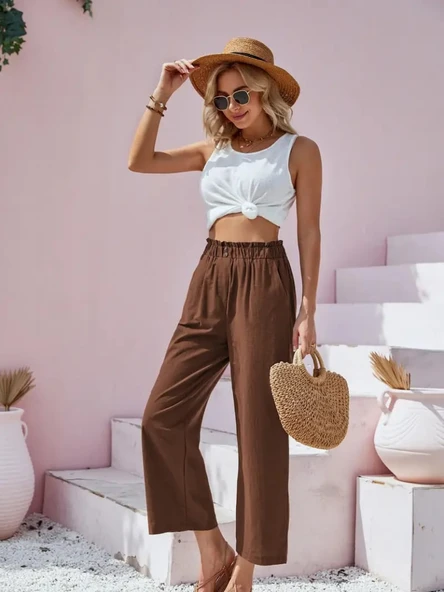 Kadın Bel Büzgü Ve Düğme Detay Kapri Keten Pantolon - Resim 2