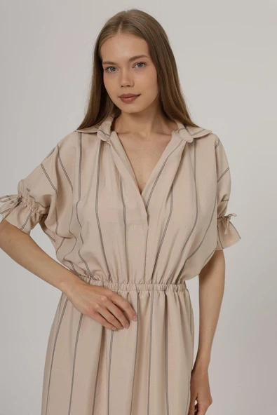 Beli Lastikli Elbise - Taş - Resim 4