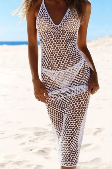 Kadın File Desen Tam Boy Askılı Triko Pareo - Resim 3