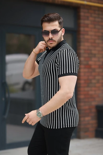 Erkek çizgili Fermuar Yakalı Kısa Kollu Tişört - Resim 2