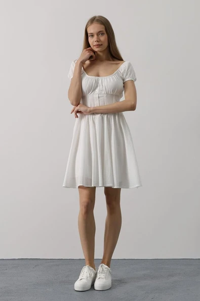 Beli Korseli Mini Elbise - Beyaz - Resim 3