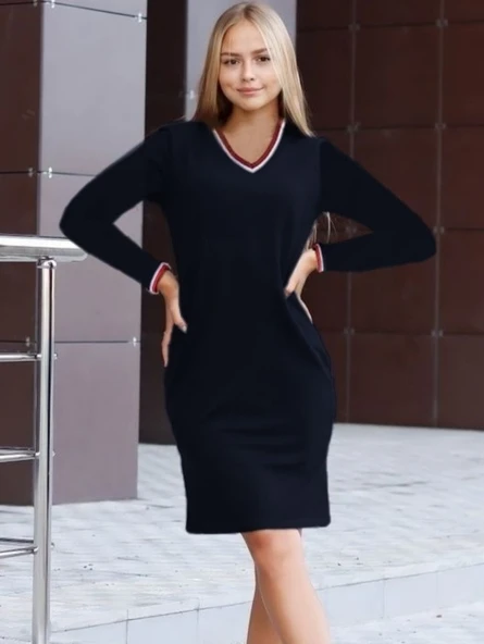 Kadın Uzun Kollu V Yaka Kol Ağzı Ve Yaka Ribana Detaylı Iki Iplik Mini Boy Elbise - Resim 8