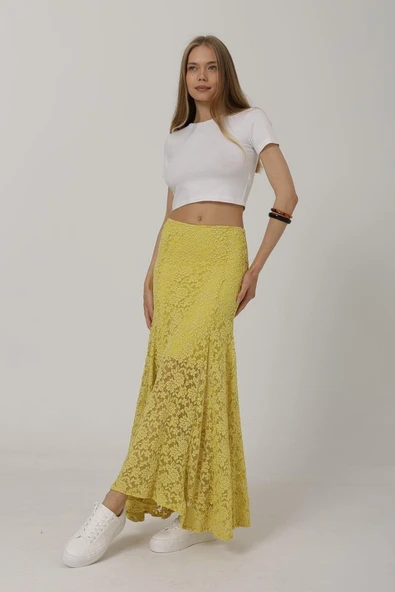 Bel Lastikli Dantel Etek - Sarı - Resim 3