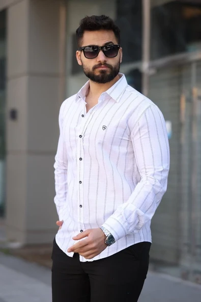 Erkek Pamuklu Çizgi Desenli Gömlek ürün görseli