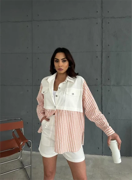 GABARDİN ŞORT - GABARDİN - ÇİZGİLİ KETEN GARNİLİ CEKET TAKIM - Orange - Resim 2