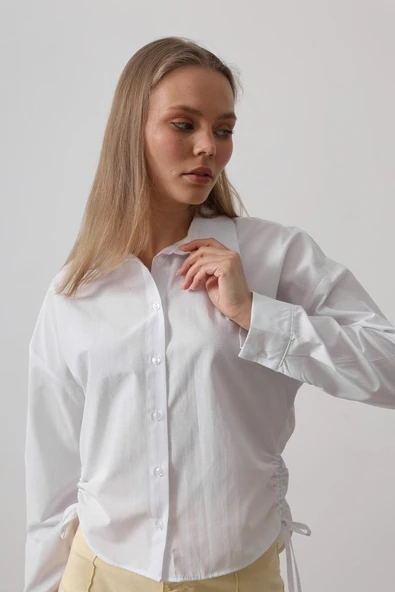 Yanları Bağlamalı Basic Gömlek - Beyaz - Resim 2